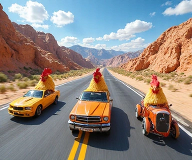 Escena de carrera de Boardgame Universe con vehículos personalizados y efectos de velocidad.