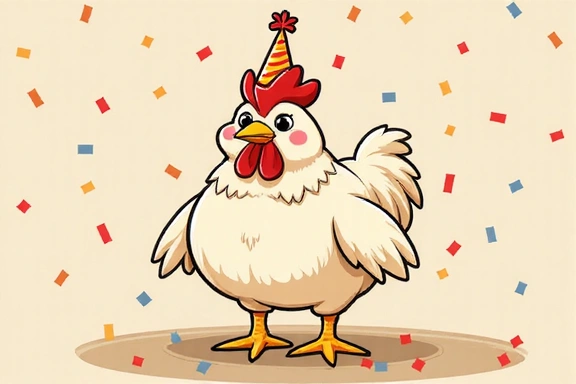 Ilustración de un pollo con sombrero de fiesta celebrando, representando un evento especial.