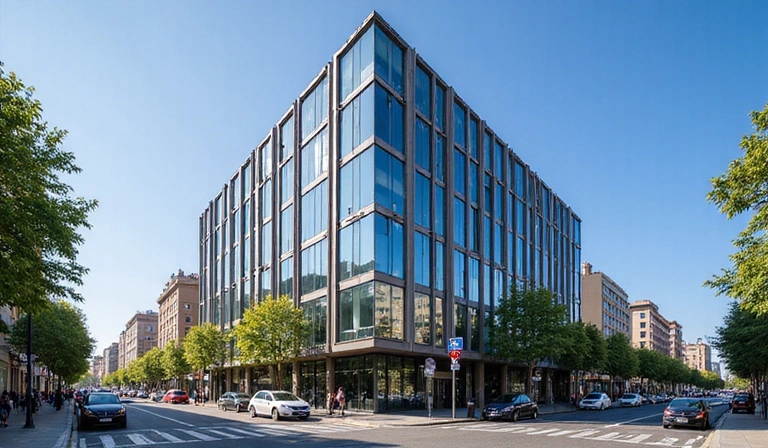 Modern office building exterior in Barcelona, sunny day