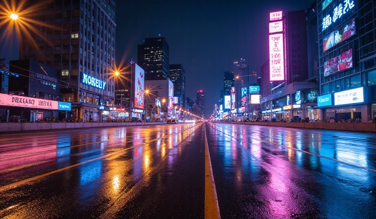 Carrera nocturna en la ciudad con neones brillantes y asfalto mojado en Boardgame Universe.