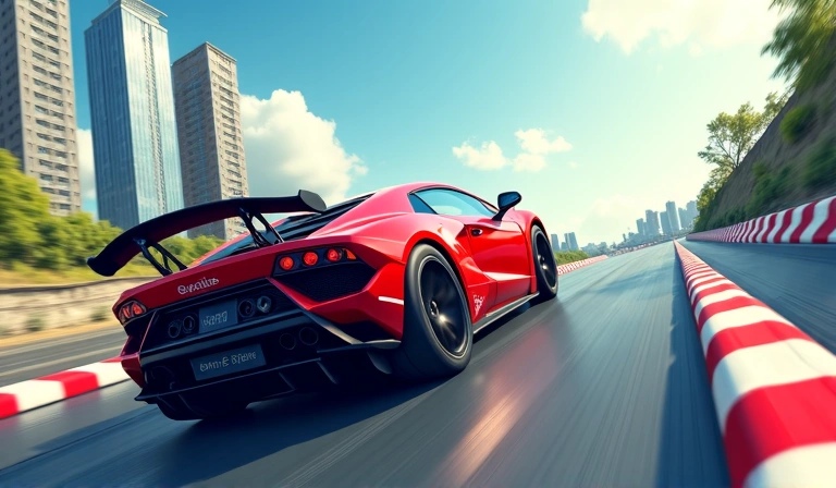 Coche de carreras volando sobre un obstáculo en una pista urbana, Boardgame Universe.