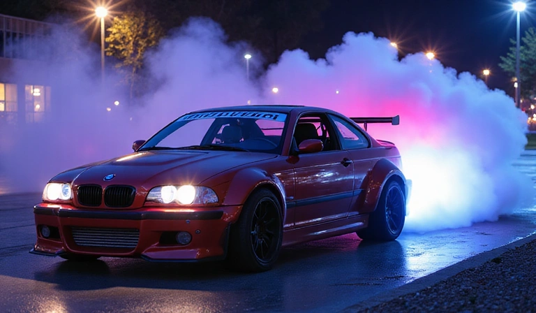 Coche de carreras realizando un derrape espectacular bajo luces de neón en Boardgame Universe.