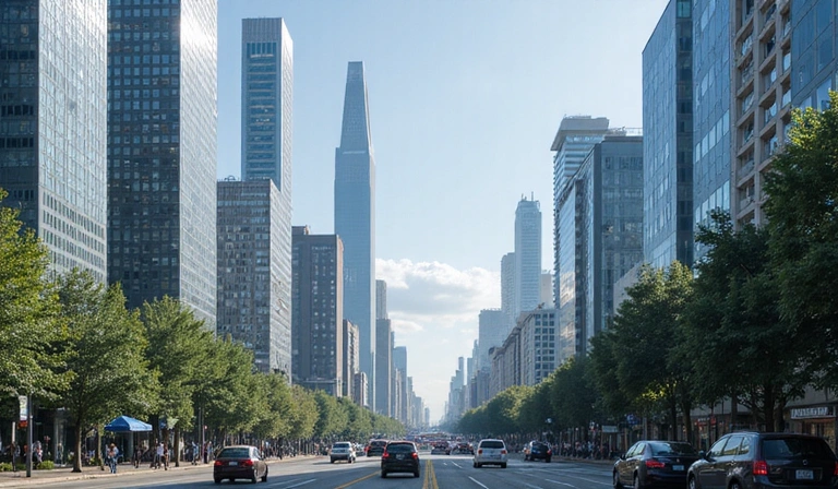 Concepto de ciudad futurista, edificios imponentes y tráfico denso para Boardgame Universe.