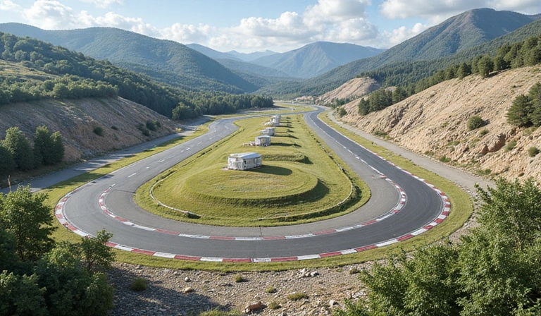 Diseño detallado de una pista de carreras con elementos ambientales únicos de Boardgame Universe.