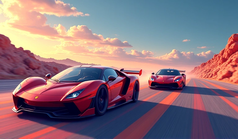 Escena de carrera dinámica con coches futuristas y colores vibrantes en Boardgame Universe.