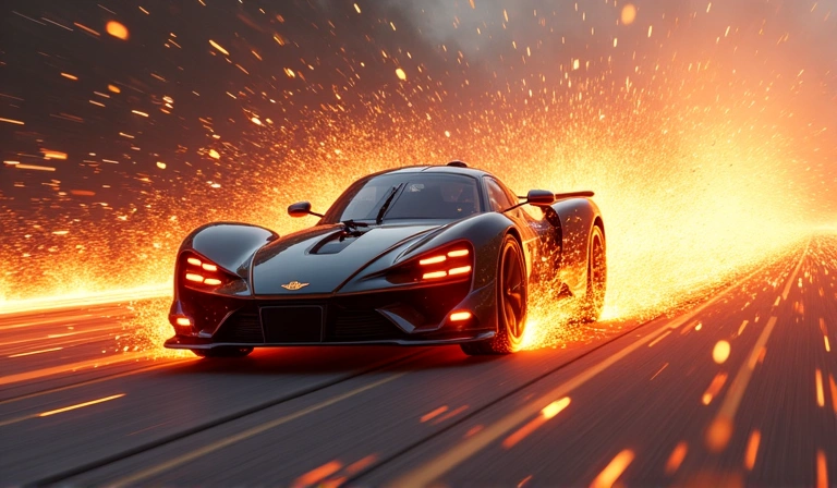 Explosión de energía en una carrera futurista, chispas y velocidad en Boardgame Universe.