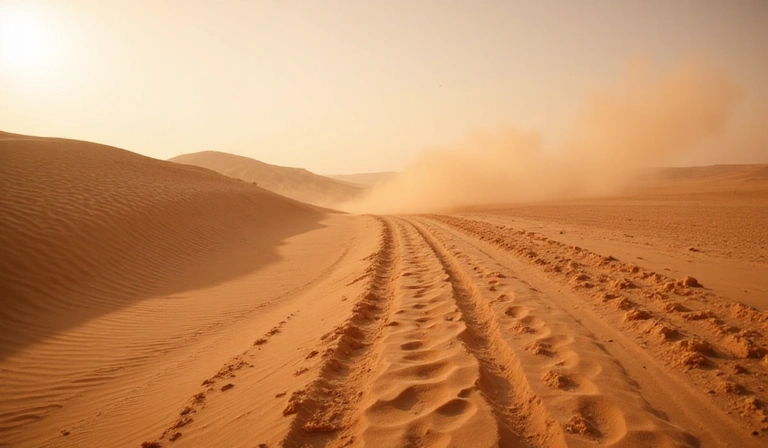 Pista desértica de alta velocidad con polvo en el aire en Boardgame Universe.