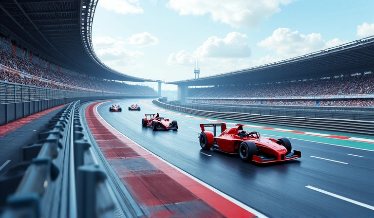 Visión panorámica de una pista futurista con múltiples corredores en Boardgame Universe.