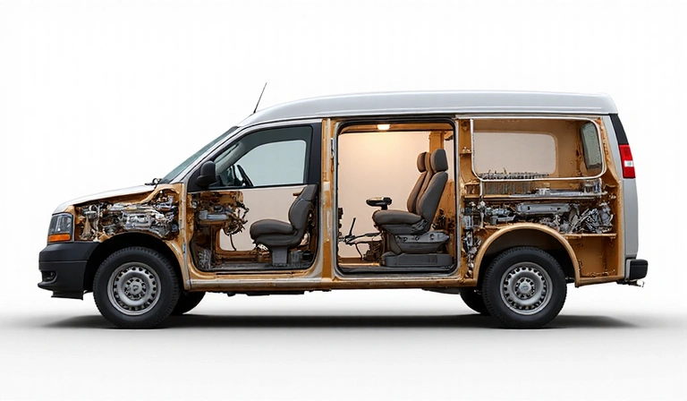 Vista en sección de un vehículo de Boardgame Universe, mostrando su mecánica interna.