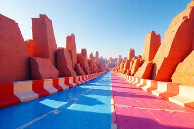 Ciudad de carreras poligonal abstracta con colores vibrantes.