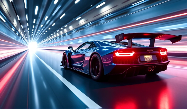 Coche de carreras dinámico en una pista futurista con efectos de brillo.
