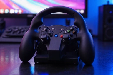 Primer plano de un controlador de juego de carreras con iluminación dinámica.