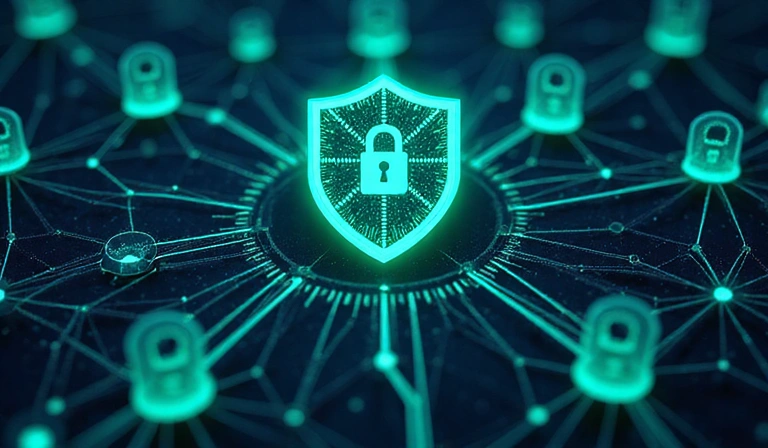 Ilustración de un escudo digital protegiendo una red de datos, con elementos de ciberseguridad.