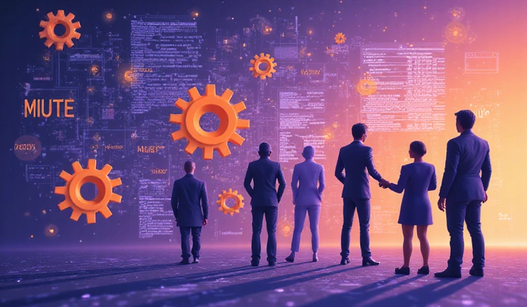 Ilustración de cómo se usan los datos, con engranajes y personas interactuando con información.