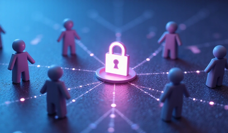 Ilustración de personas conectadas a través de una red segura, simbolizando el intercambio de datos con confianza.