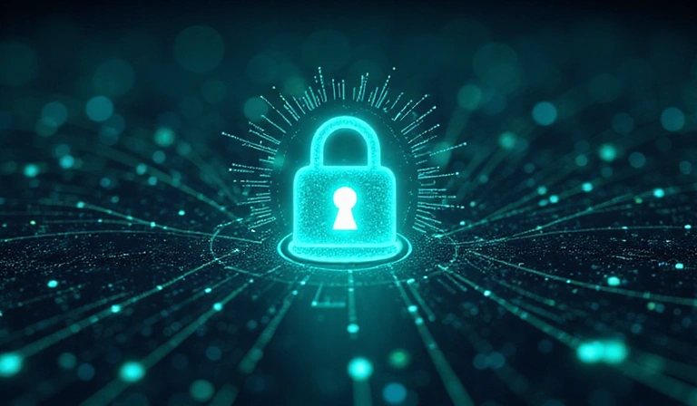 Ilustración de seguridad de datos con un candado y datos digitales.