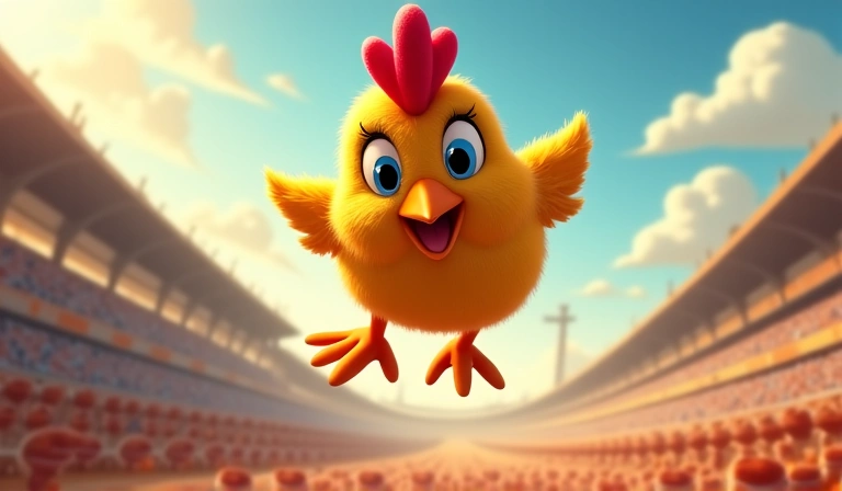 Chicken character performing a stunt jump in a race, dynamic lighting, no text