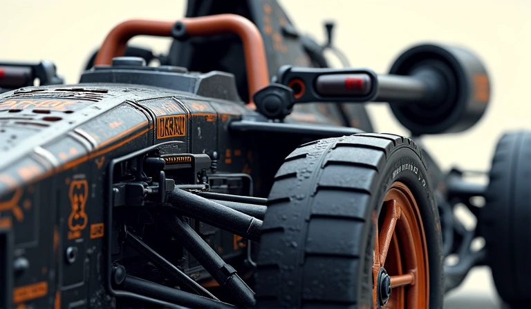 Close-up of a customized racing vehicle, showing intricate details and weapons, no text
