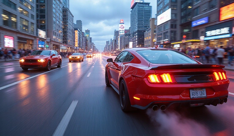 Epic racing moment, multiple cars, futuristic cityscape background, no text