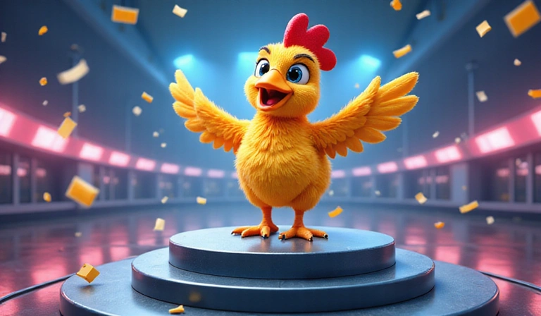 Gallina de carreras celebrando la victoria en un podio futurista