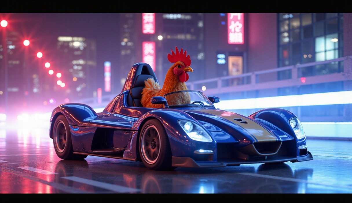 Gallina conduciendo un coche de carreras futurista en una carretera iluminada por neón