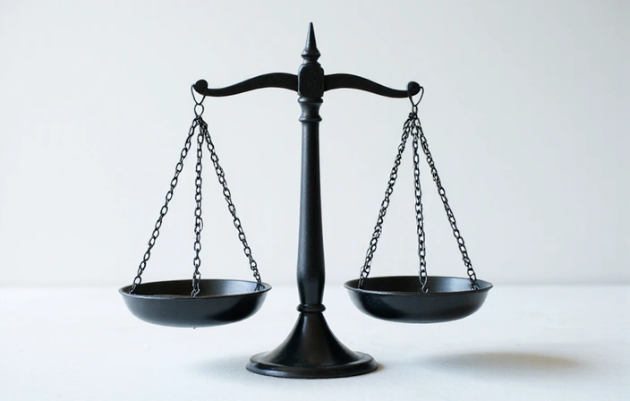 Ilustración de una balanza digital con un signo de exclamación, simbolizando limitación de responsabilidad.