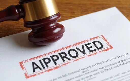 Ilustración de un documento legal con un sello de aprobación o rechazo.